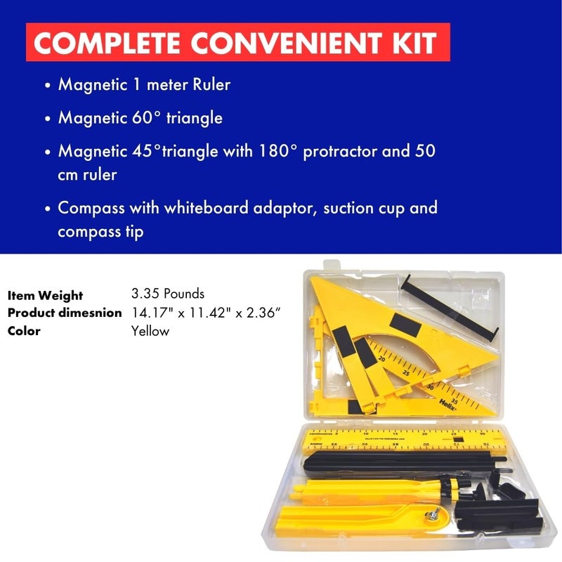 Helix - Magnetic Classroom Whiteboard Geometry 4 Piece Set - Compass - 2 Triangles - Ruler - Protractor - Image 3
